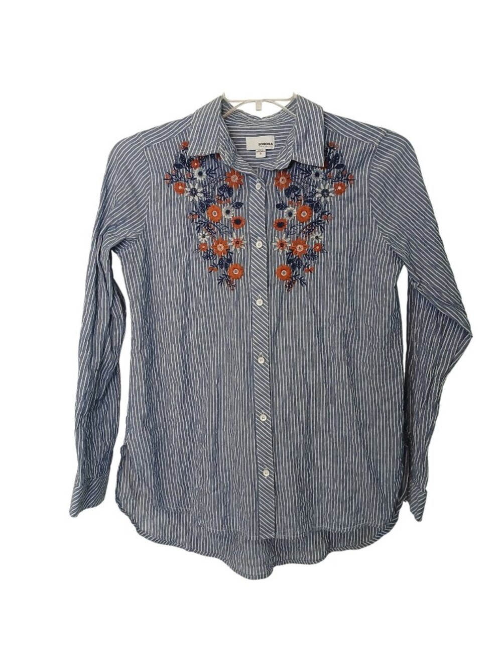 Sonoma Small Blue White Striped Embroidered Floral Button Shirt Long Sleeve #D36